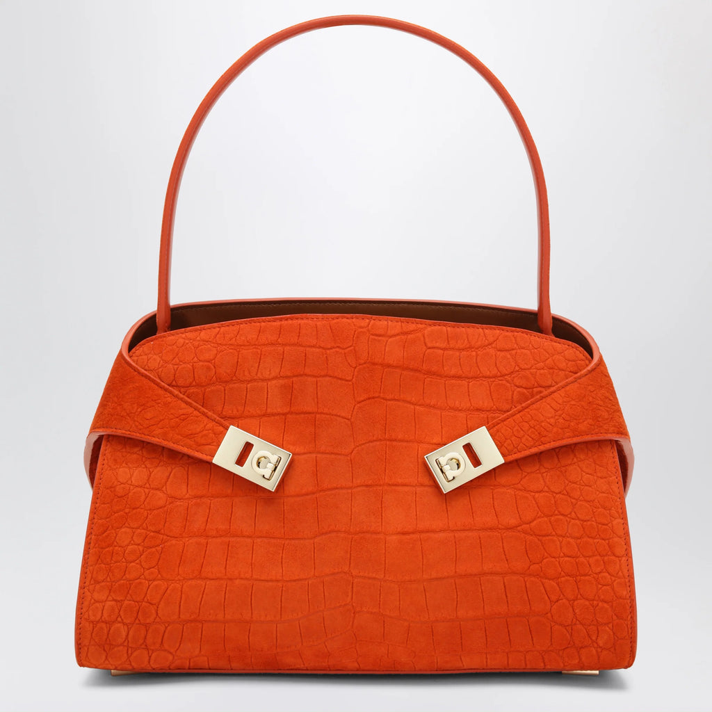 Ferragamo Orange Hug Soft M top-handle bag with crocodile effect