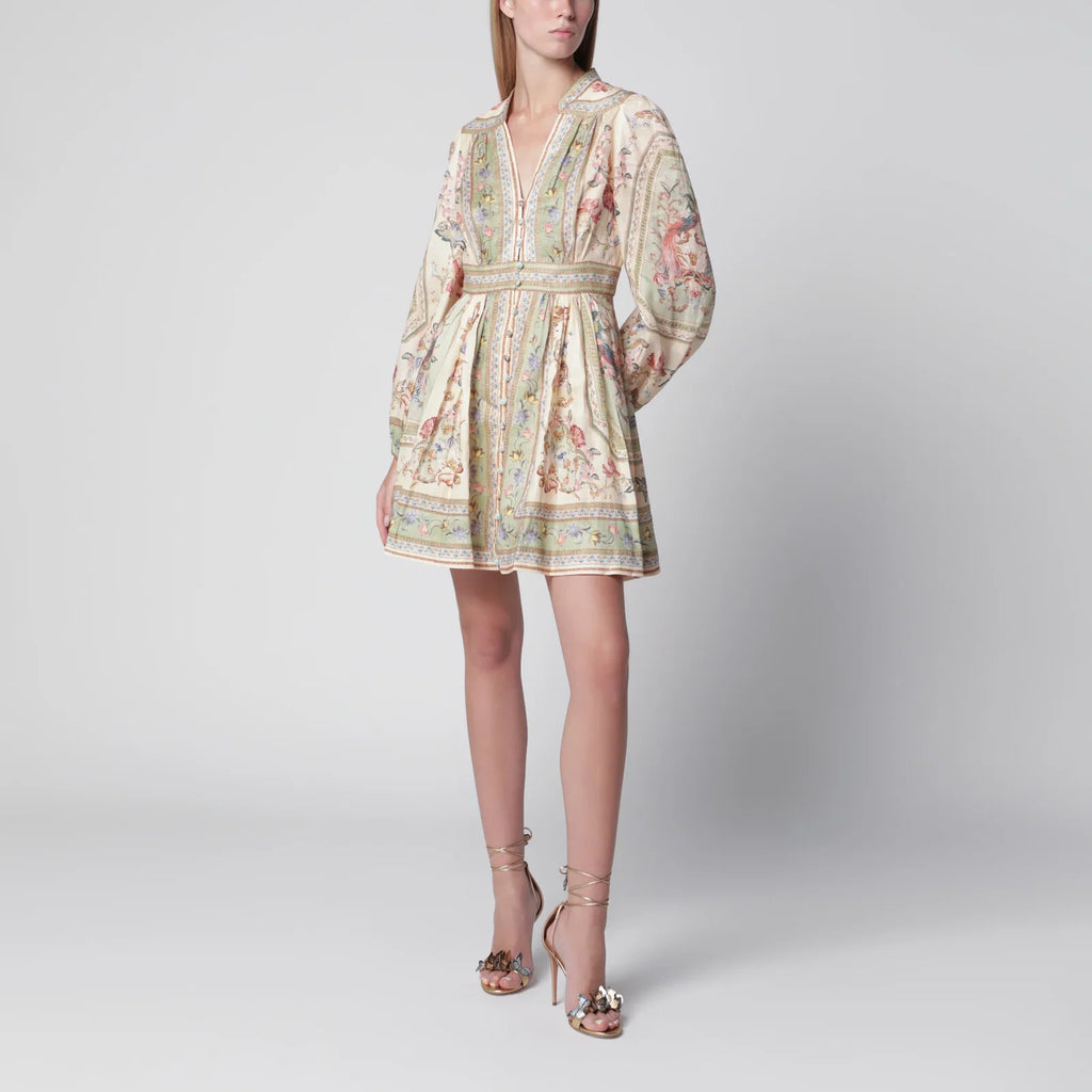 ZIMMERMANN Roselight Mini Dress in Sage Floral Linen