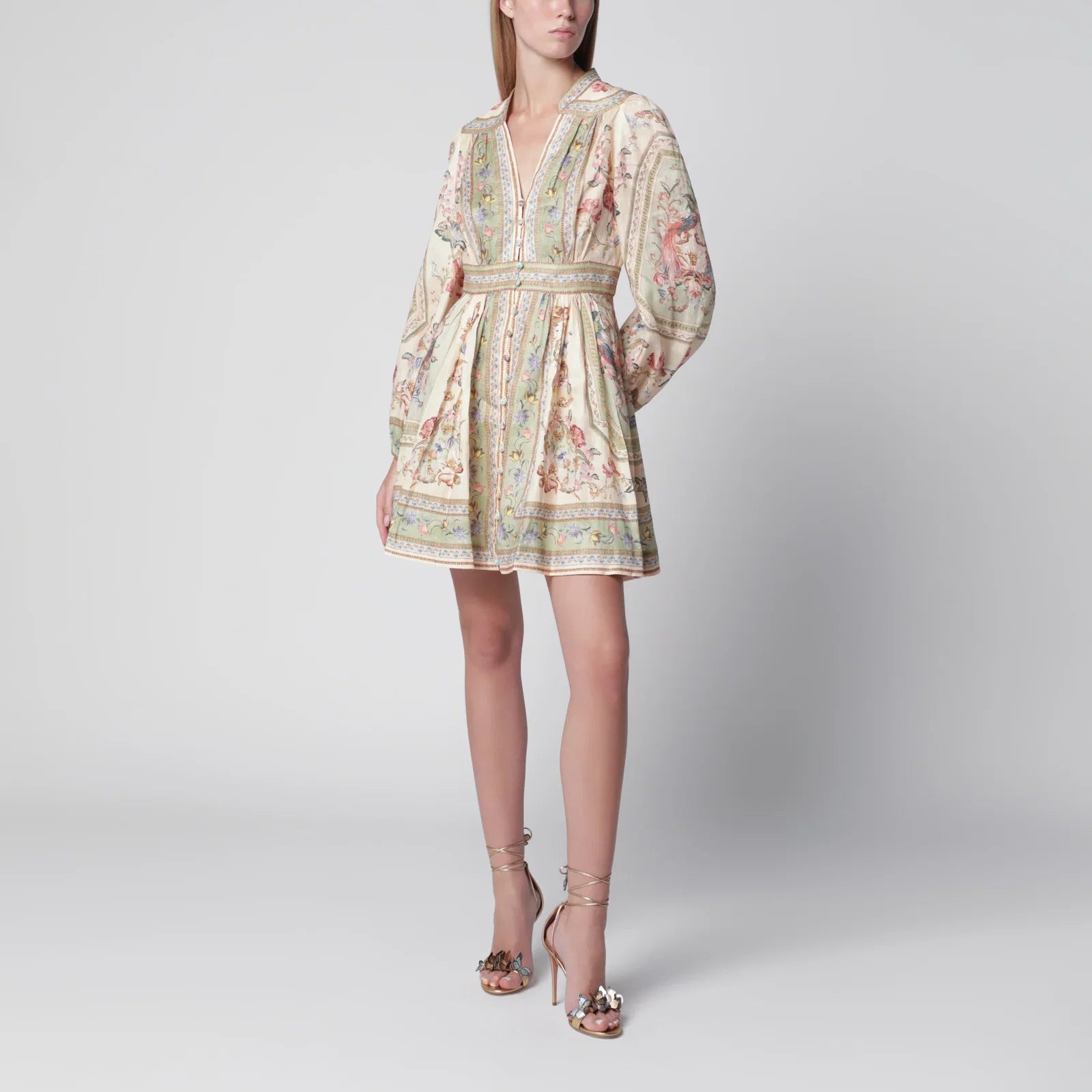 ZIMMERMANN Roselight Mini Dress in Sage Floral Linen