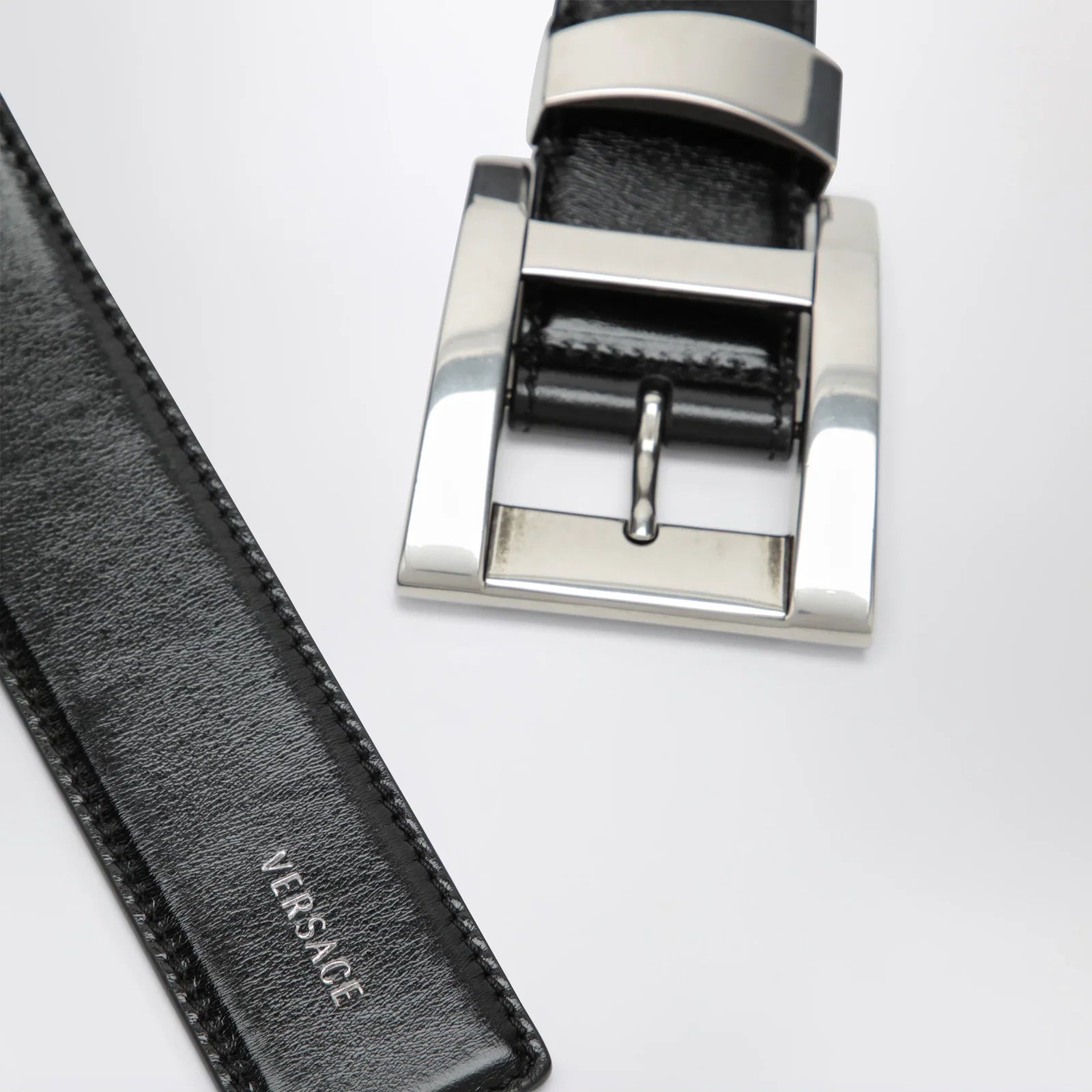 Versace Black leather belt with logo lettering