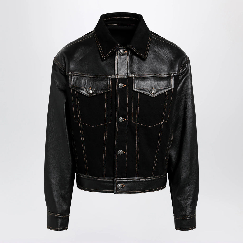 Versace Black Denim and Leather Bomber Jacket