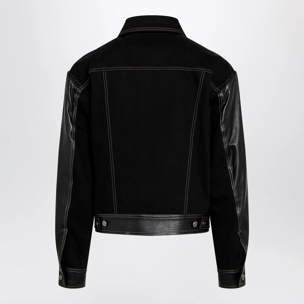 Versace Black Denim and Leather Bomber Jacket