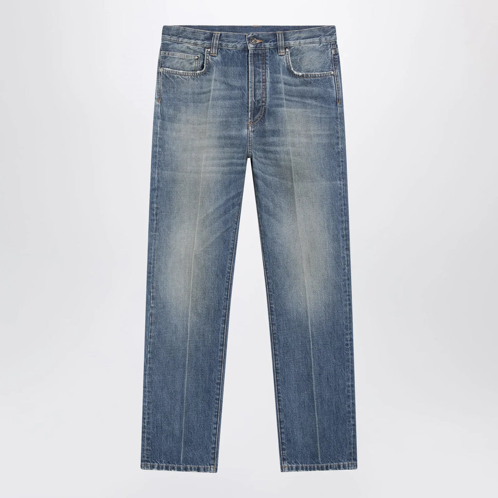Versace Distressed Straight-Leg Jeans in Blue Denim