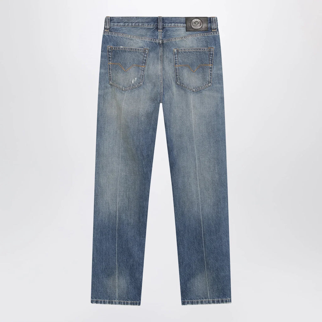 Versace Distressed Straight-Leg Jeans in Blue Denim