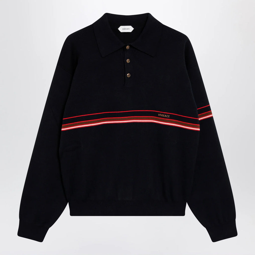 Versace Navy blue cotton knit polo shirt with embroidered logo