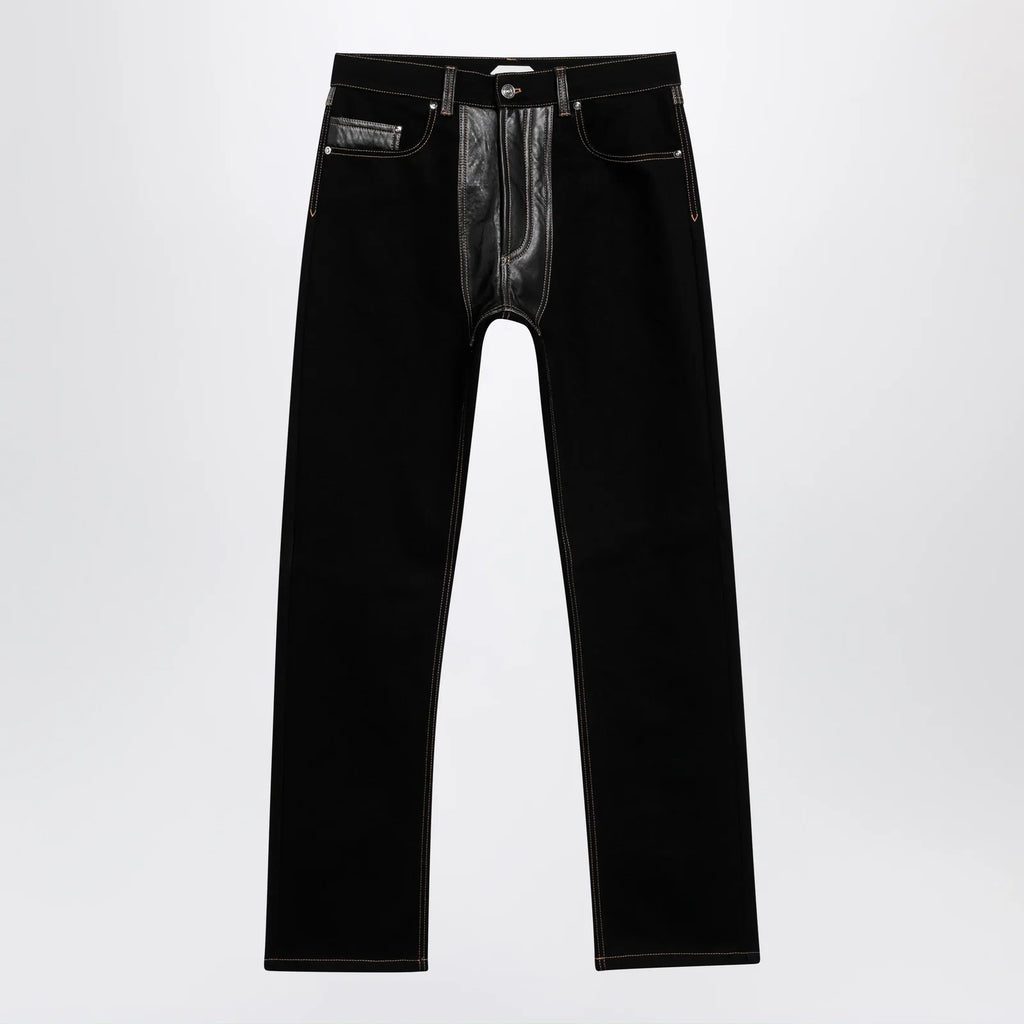 Versace Straight-leg denim and leather jeans in black