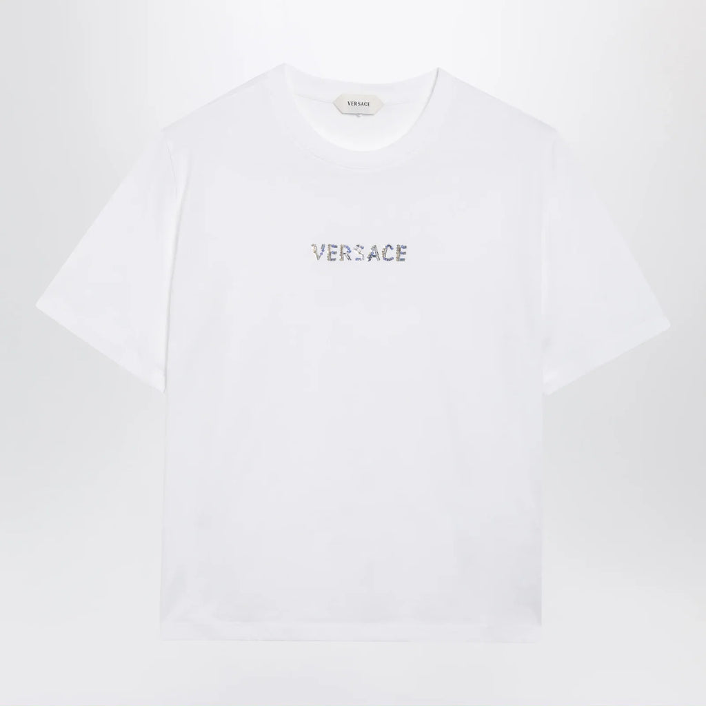Versace Slim cotton jersey T-shirt with embroidered logo, white