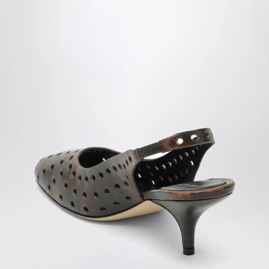Dries Van Noten Brown aged leather perforated slingback shoes