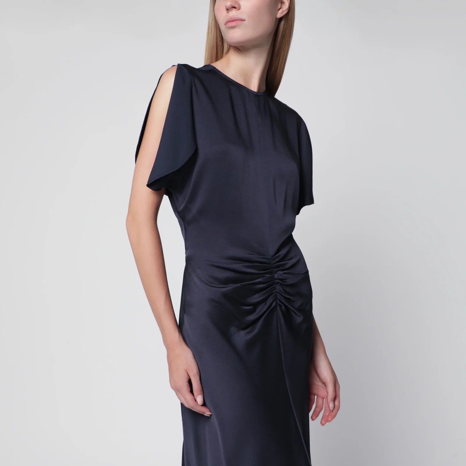 Victoria Beckham Bela Midi Dress in Midnight Satin Crêpe