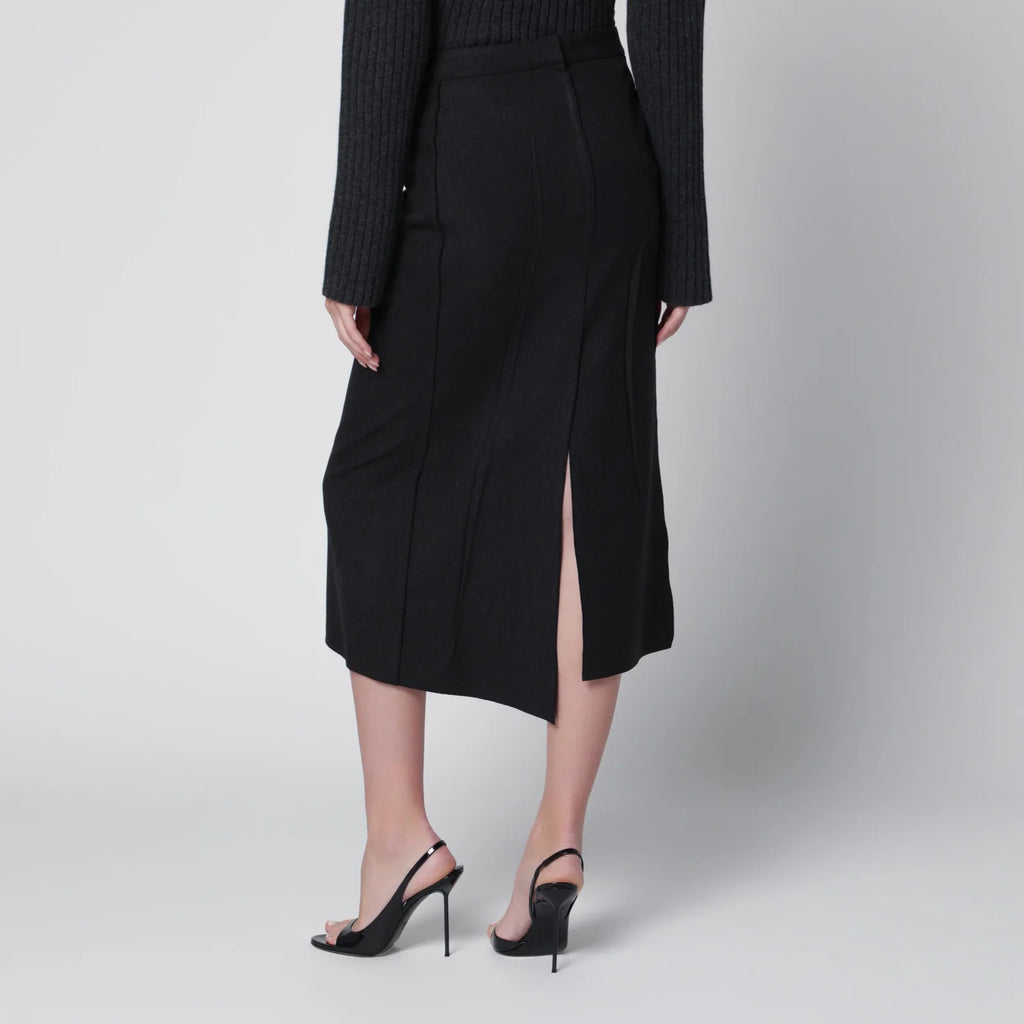Victoria Beckham Pressed Midi Skirt in Dark Grey Wool and Mohair