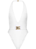 Dolce & Gabbana-white plunge-neck belted one-piece swimsuit