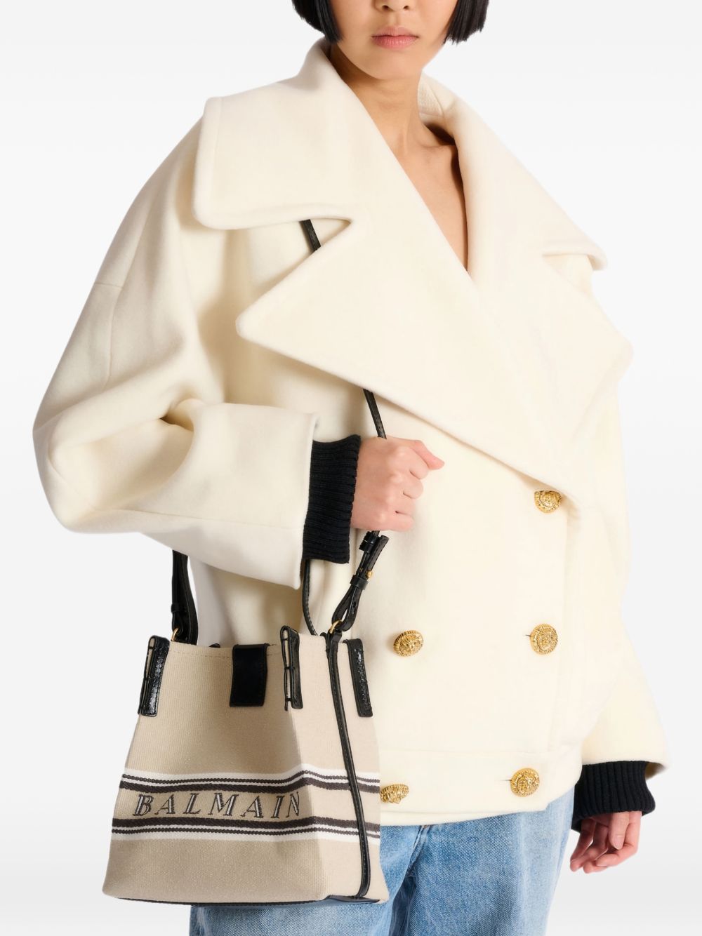 Balmain Release Bucket Bag In Canvas And Calfskin