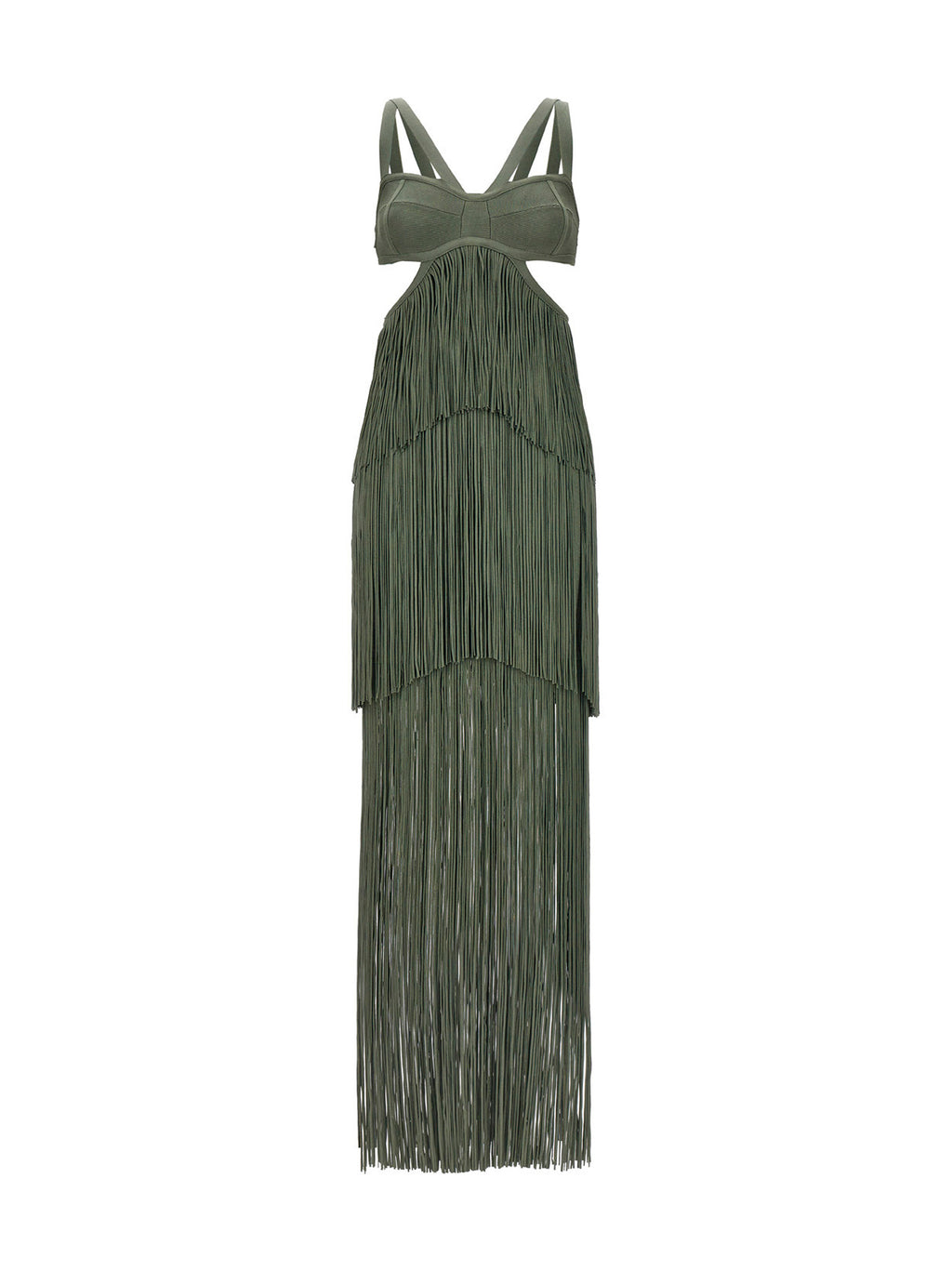 Herve Leger Strappy Tiered Fringe Dress