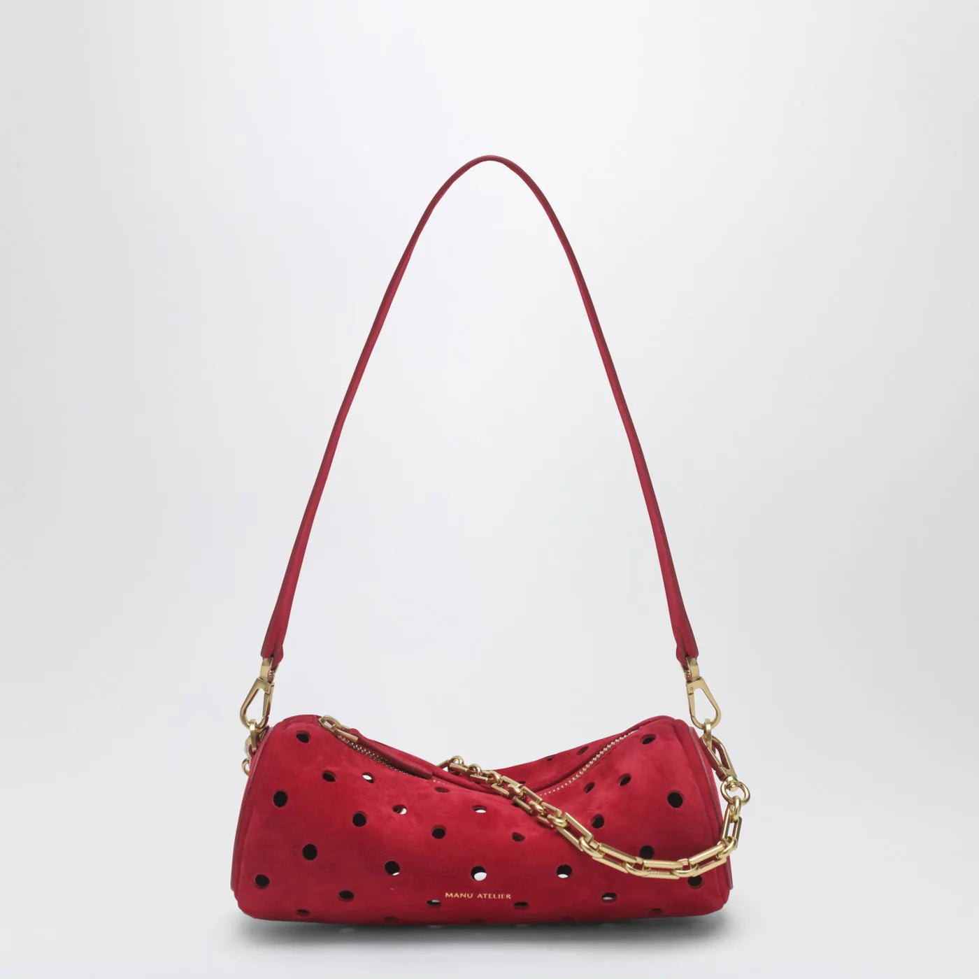 Manu Atelier Mini Cylinder bag in perforated red suede