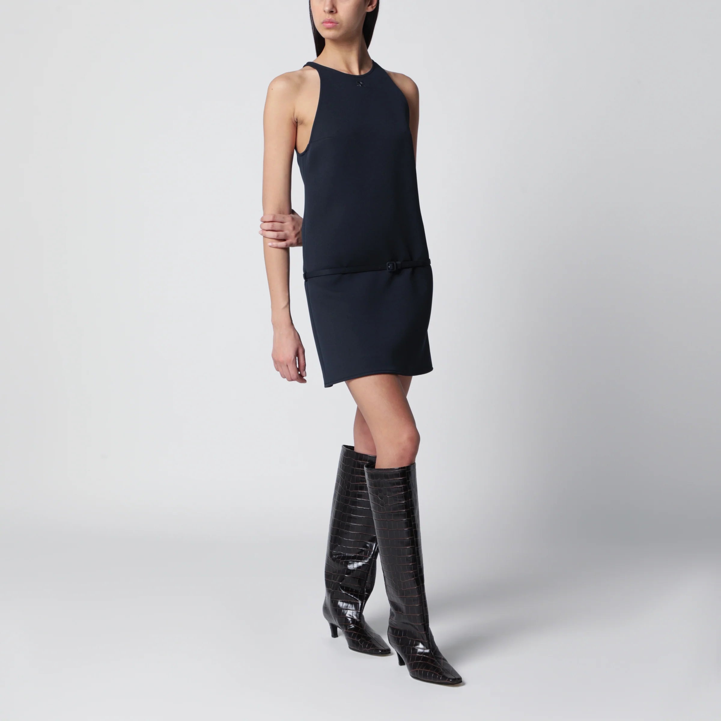 Courreges Courrèges Sleeveless A-line twill mini dress with belt in navy