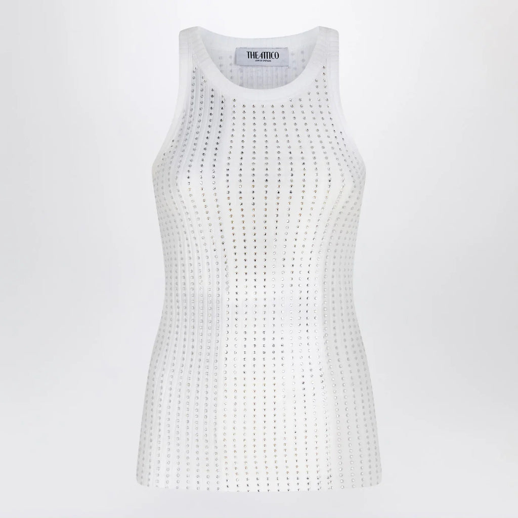 The Attico White tank top with rhinestones