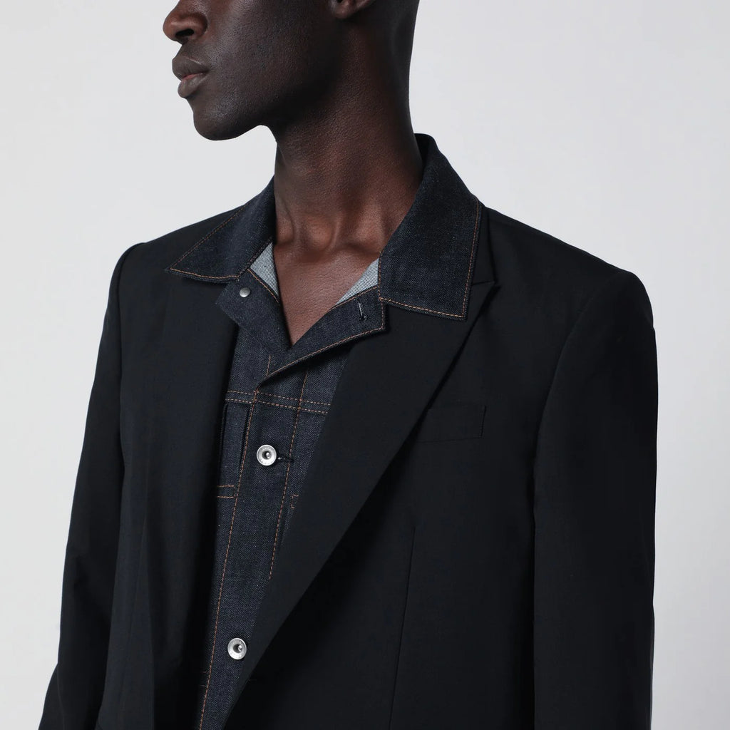 Sacai Black single-breasted jacket with denim insert