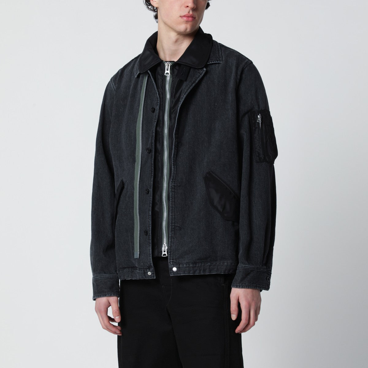 Sacai Black denim jacket with nylon inserts
