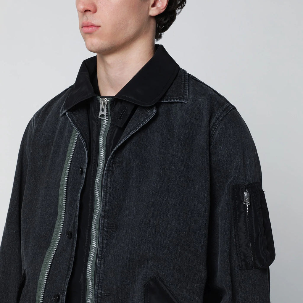 Sacai Black denim jacket with nylon inserts