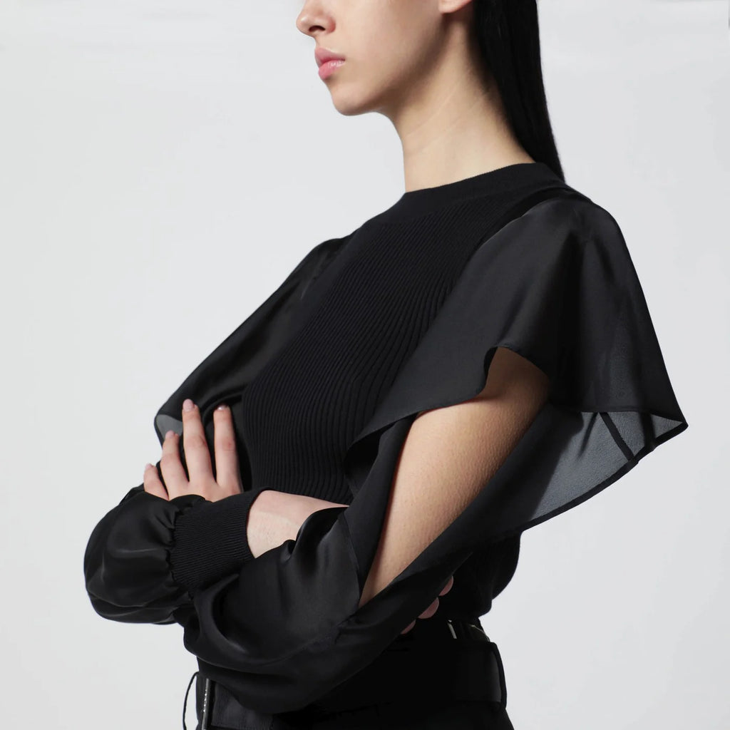 Sacai Black knit top with semi-sheer sleeves