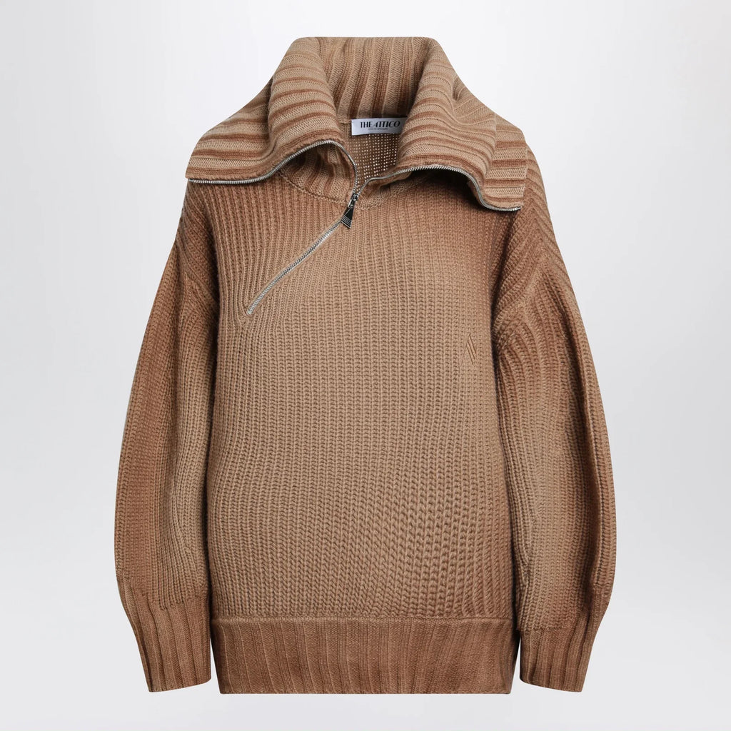 The Attico Camel wool and cashmere sweater with asymmetric zip
