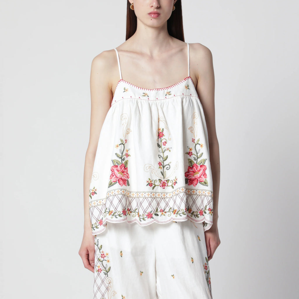 FARM Rio Linen-blend top with floral embroidery