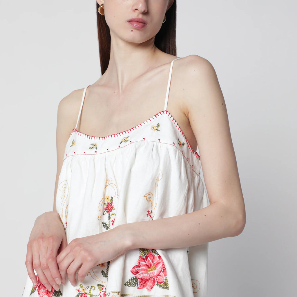 FARM Rio Linen-blend top with floral embroidery