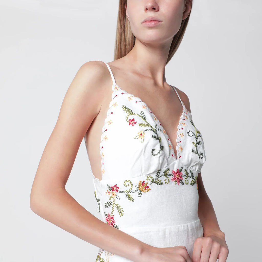 FARM Rio Ivory midi dress with floral embroidery