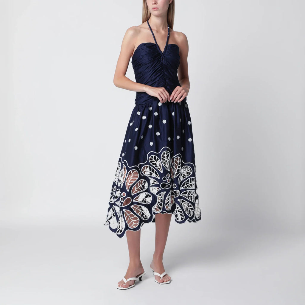 FARM Rio Navy blue Richelieu midi dress with embroidery