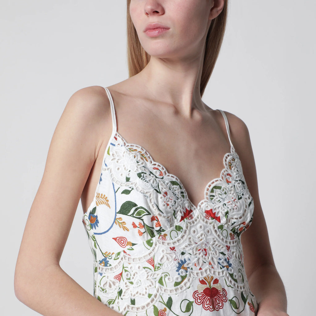FARM Rio White midi dress in linen with garden motif