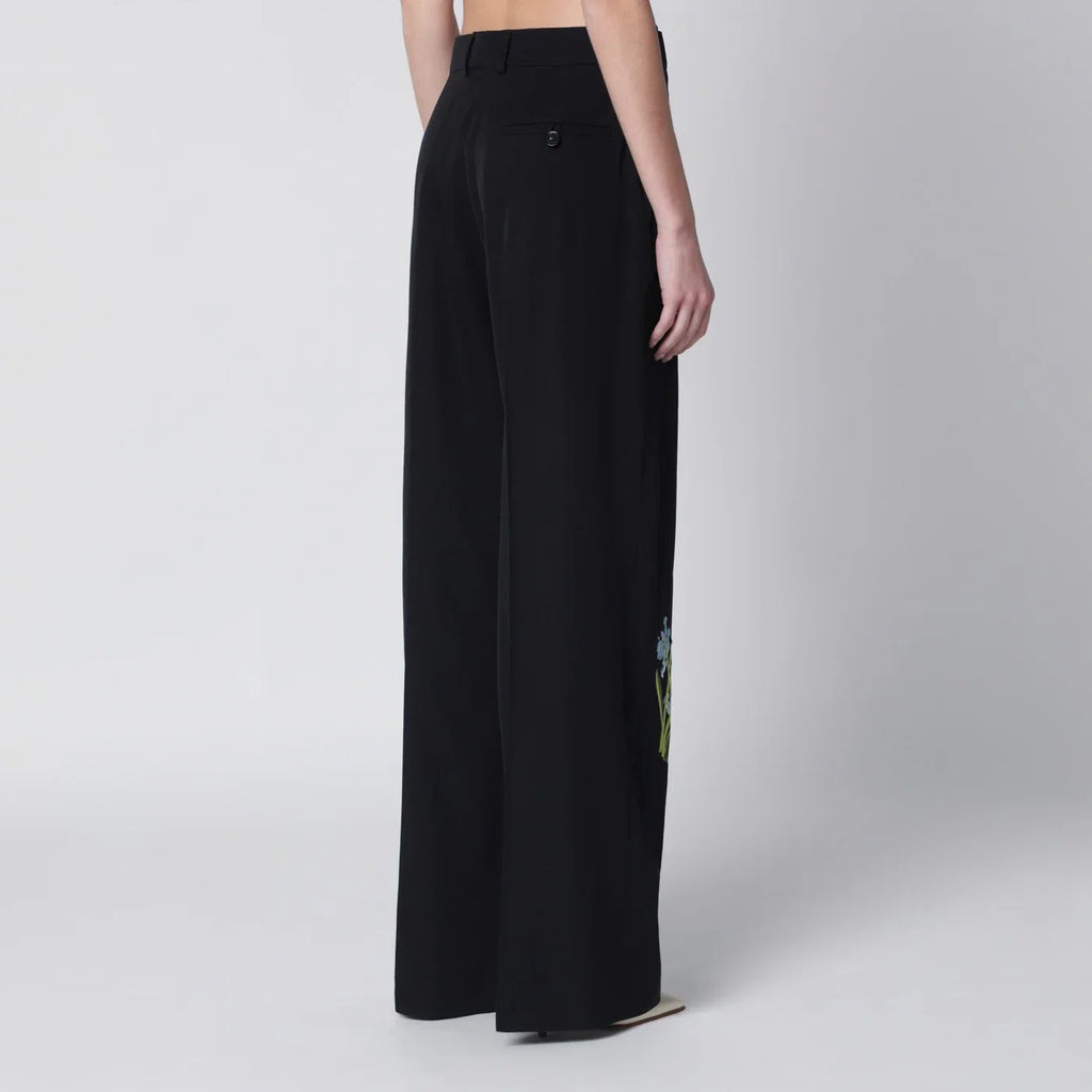 Stella McCartney Black wool trousers with floral embroidery