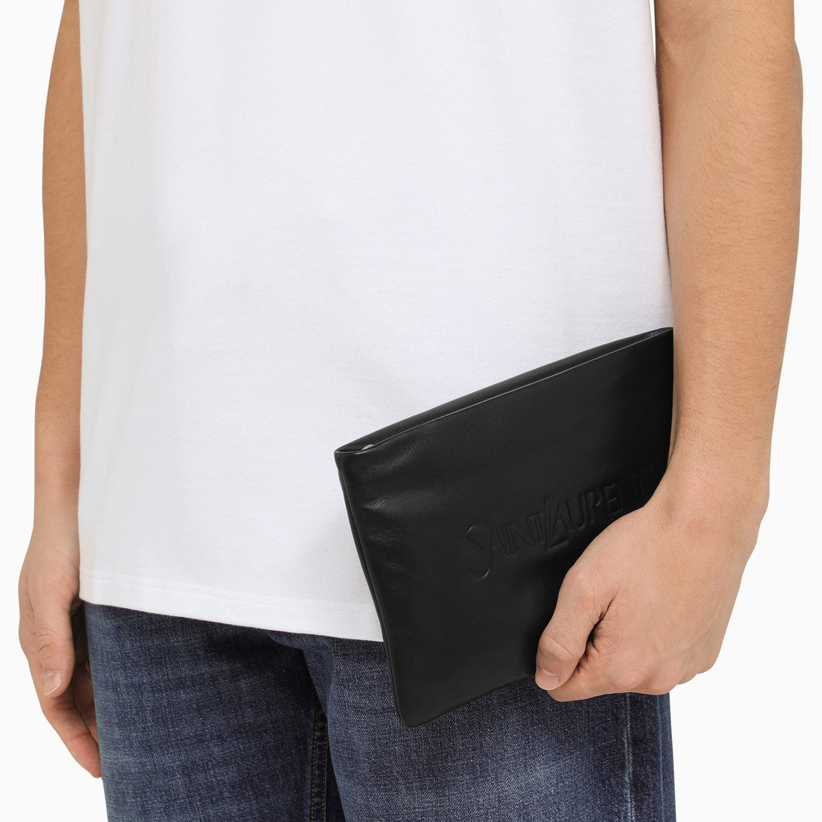 Saint Laurent Black padded leather clutch bag with logo