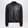 GUCCI Navy blue nappa leather and knit bomber jacket