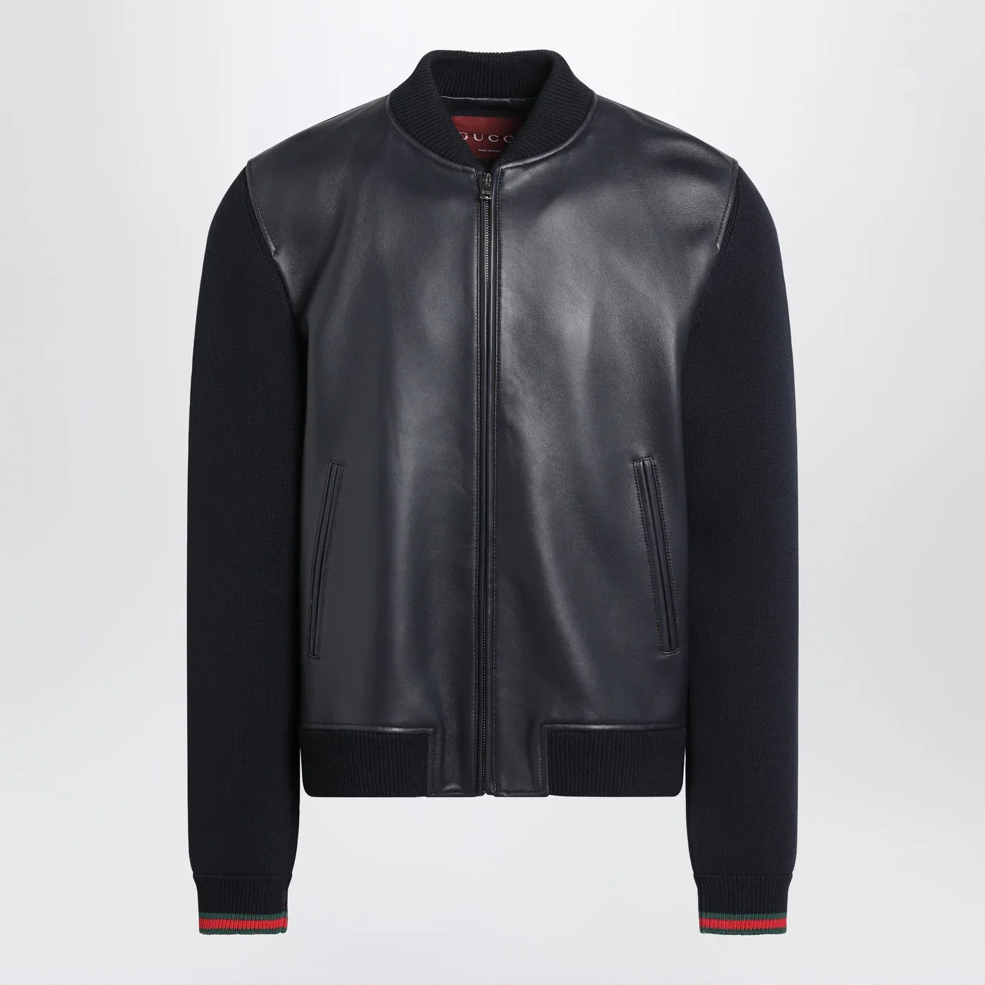GUCCI Navy blue nappa leather and knit bomber jacket