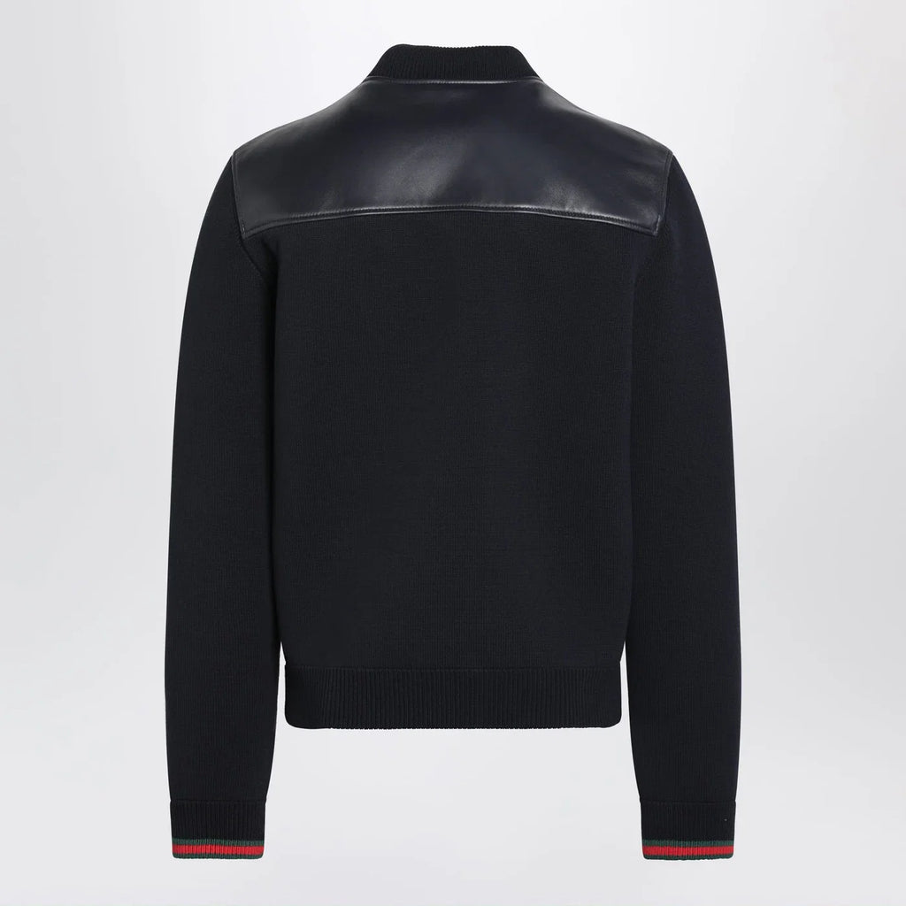 GUCCI Navy blue nappa leather and knit bomber jacket