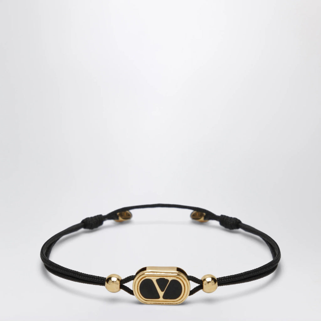 Valentino Garavani Black cord bracelet with enamelled gold V logo