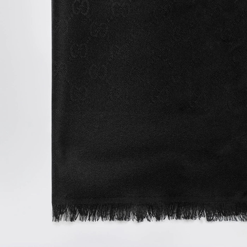 GUCCI Black wool and silk GG jacquard shawl