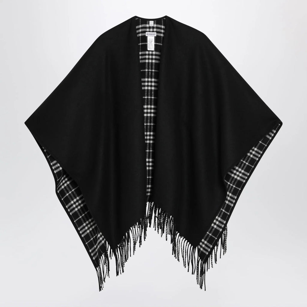 Burberry Reversible wool check cape with fringes in black