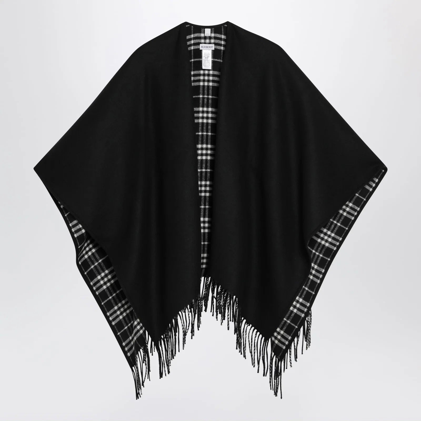 Burberry Reversible wool check cape with fringes in black