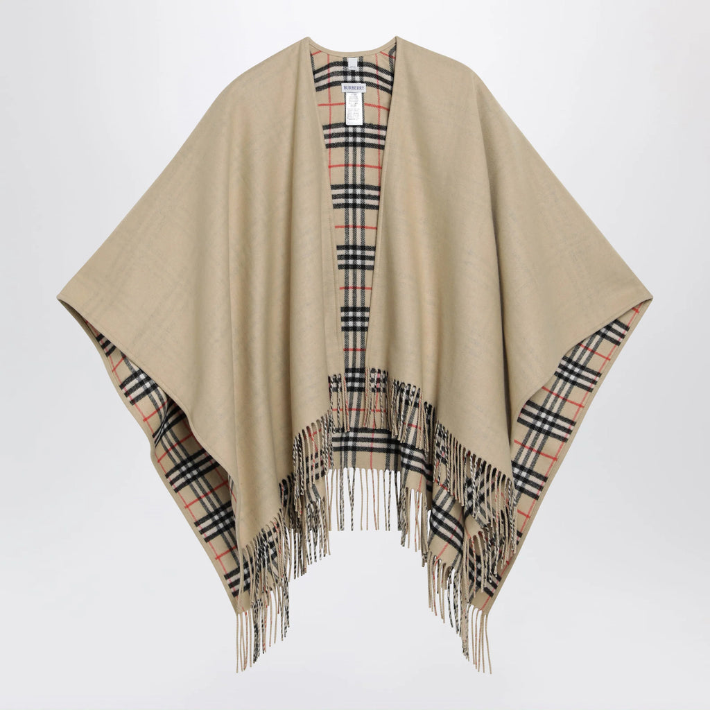 Burberry Reversible wool check cape with fringes in sand beige