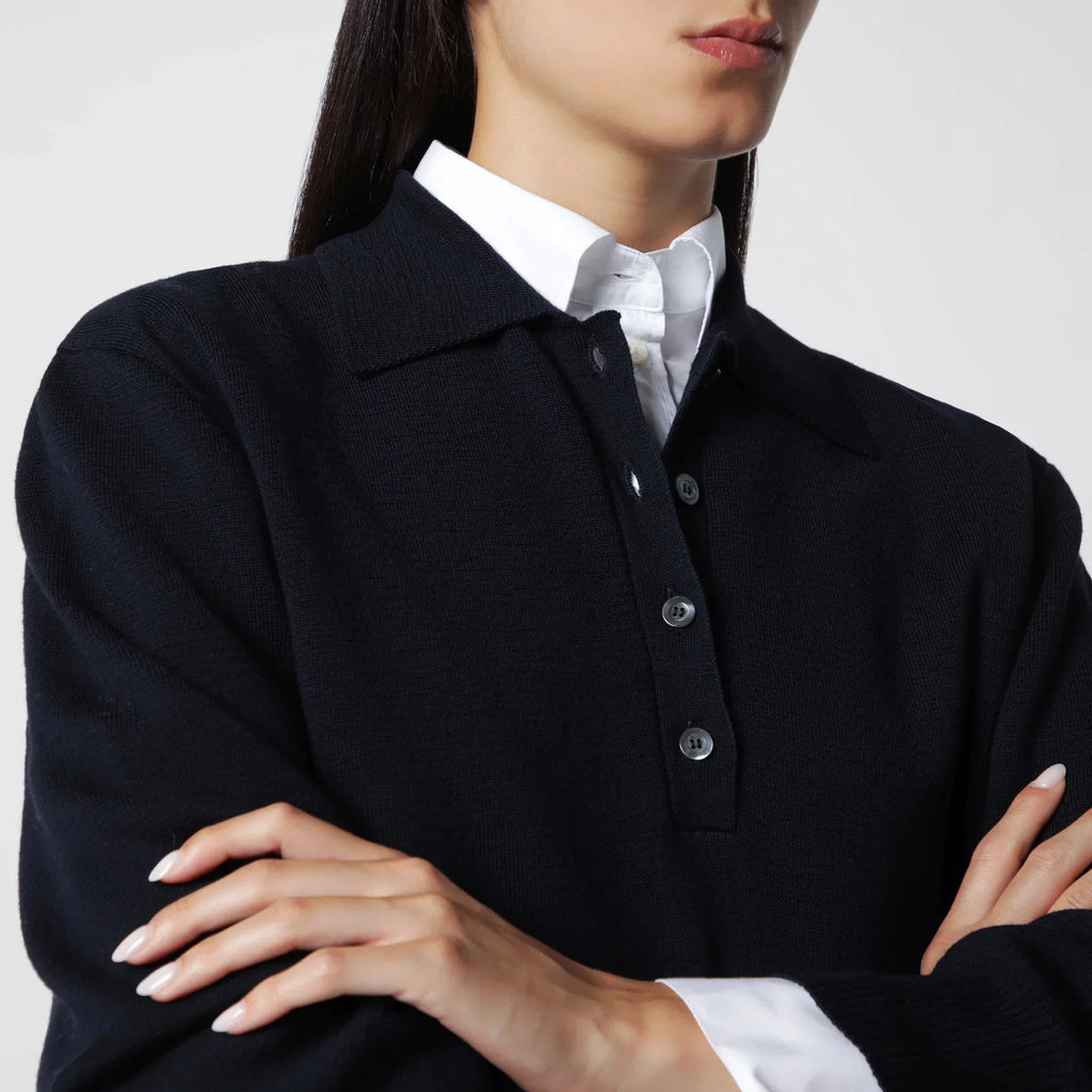 Róhe Navy Blue Merino Wool Polo Shirt