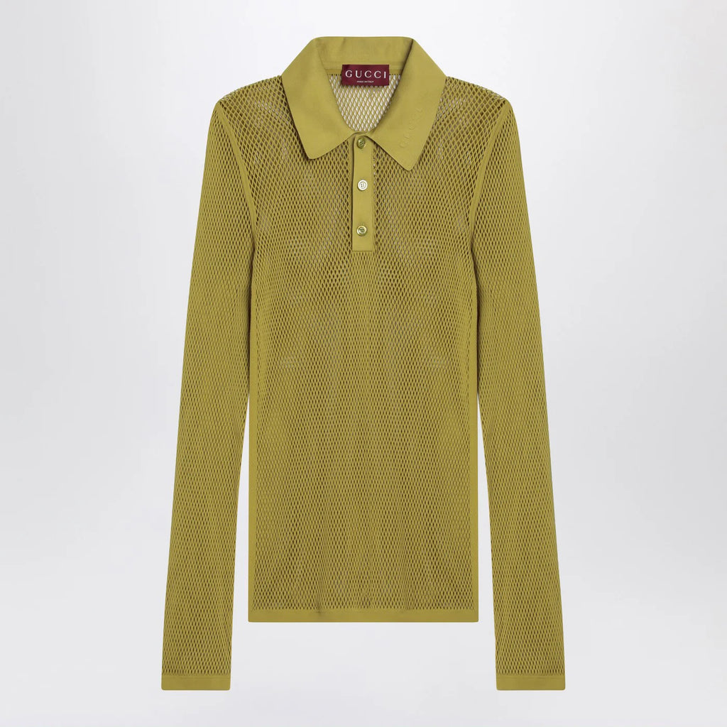 GUCCI Pistachio green perforated technical knit polo
