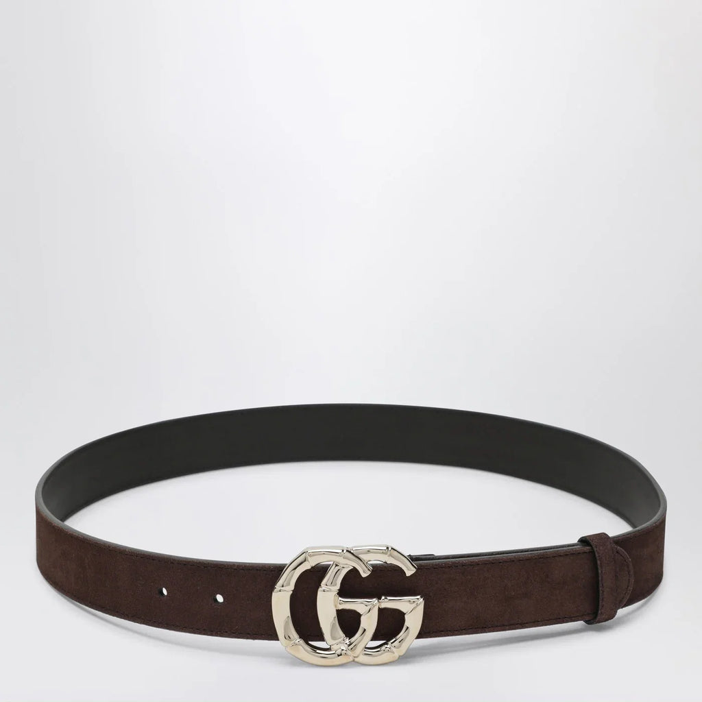 GUCCI Brown suede belt with bamboo GG Marmont buckle
