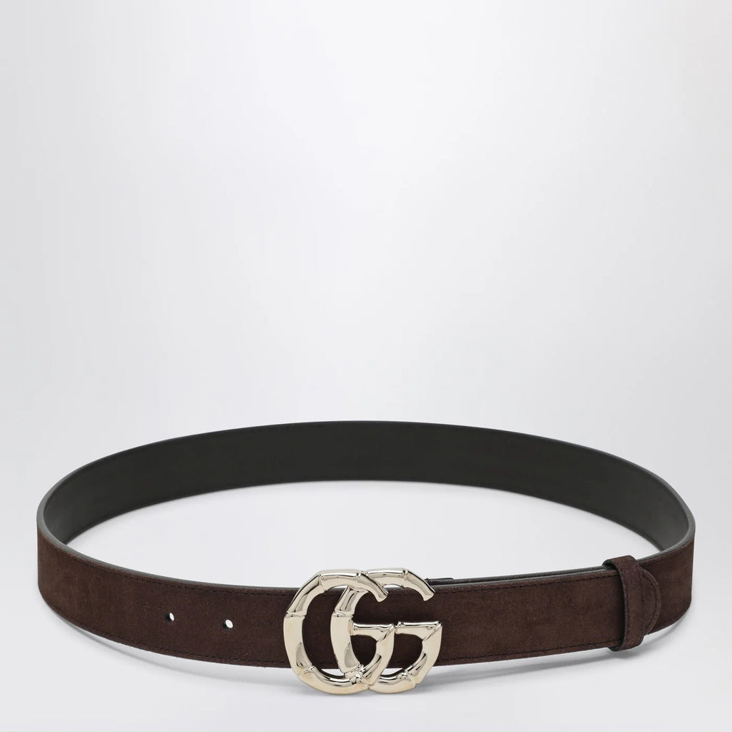 GUCCI Brown suede belt with bamboo GG Marmont buckle