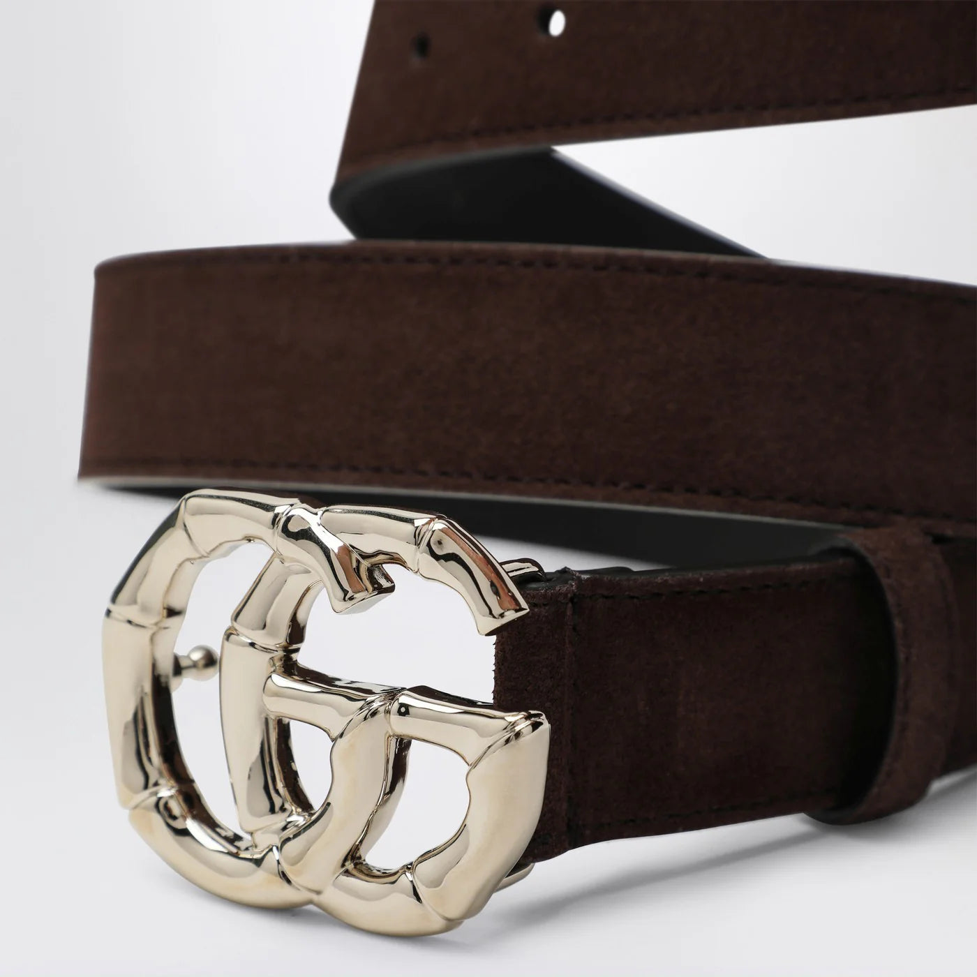 GUCCI Brown suede belt with bamboo GG Marmont buckle