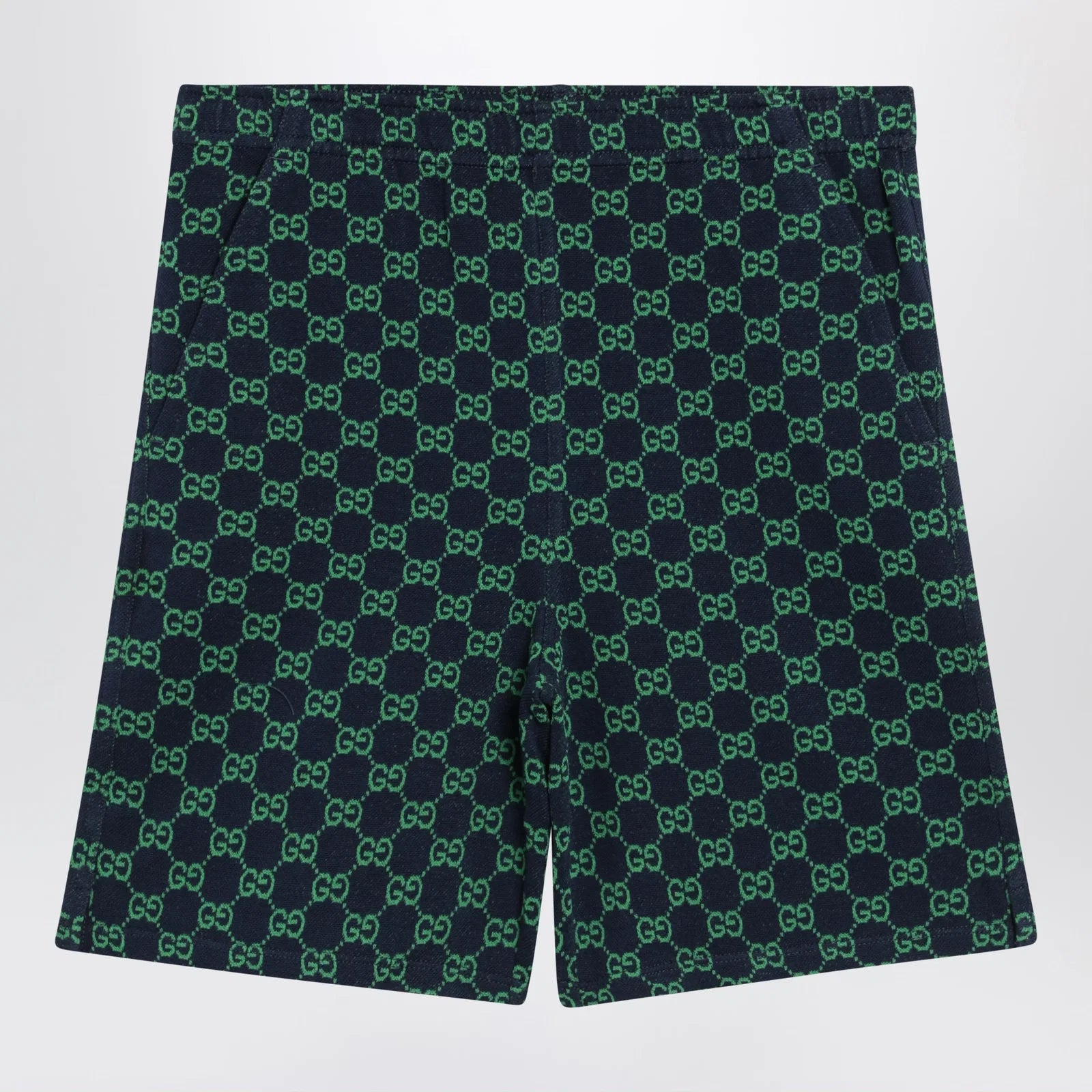 GUCCI Navy blue/green GG cotton piqué shorts