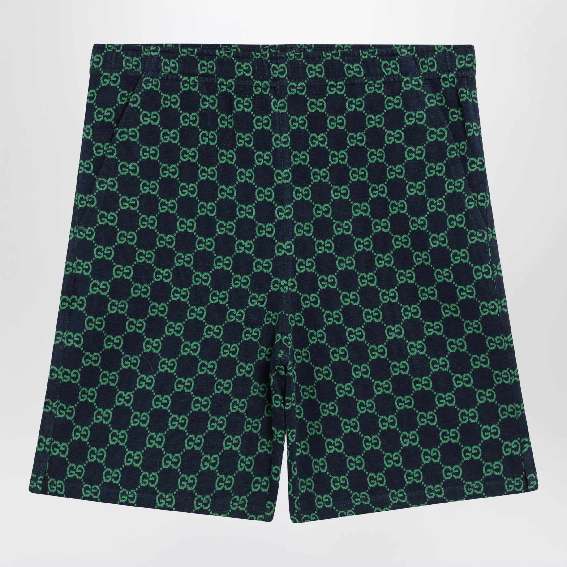 GUCCI Navy blue/green GG cotton piqué shorts