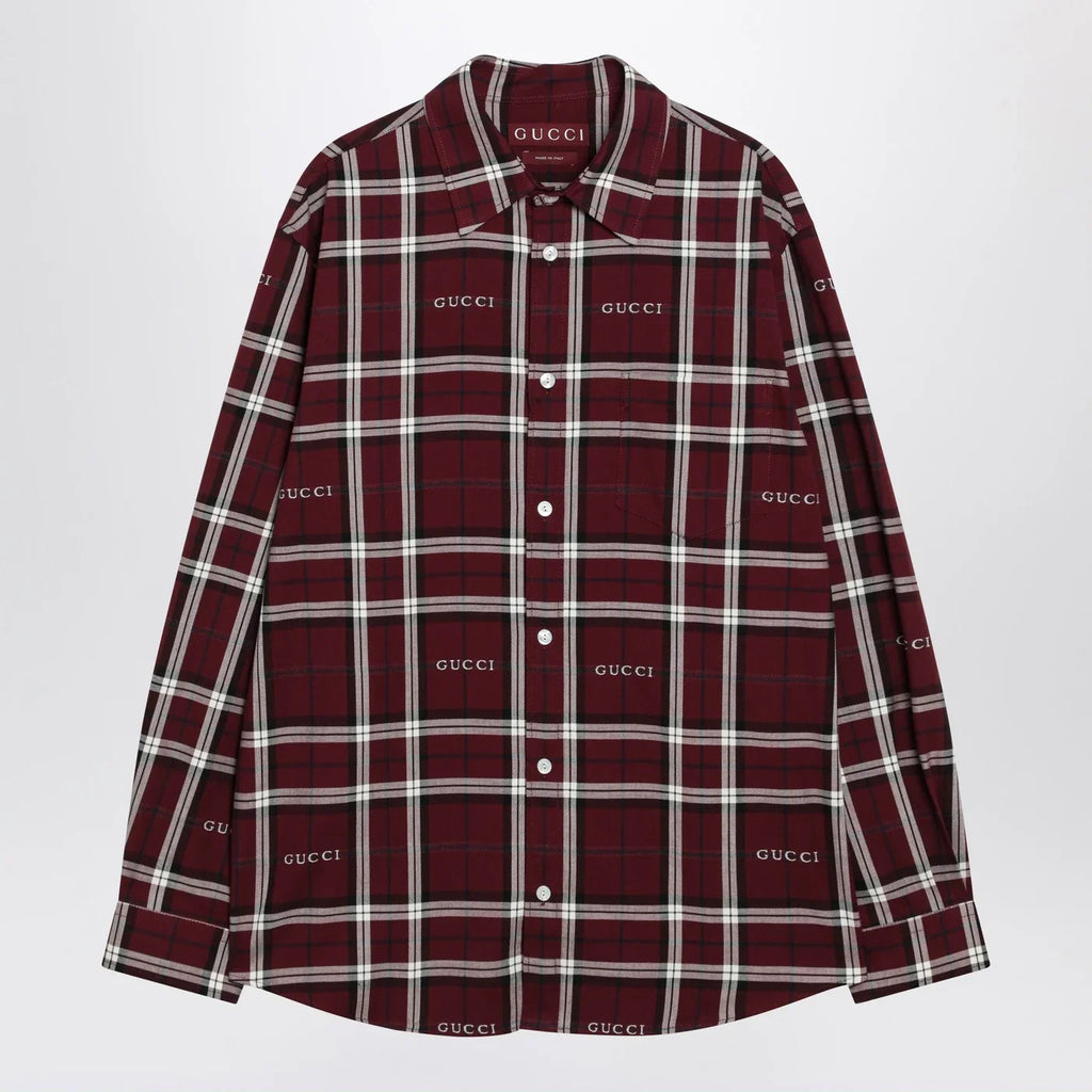 GUCCI Burgundy cotton jacquard tartan shirt