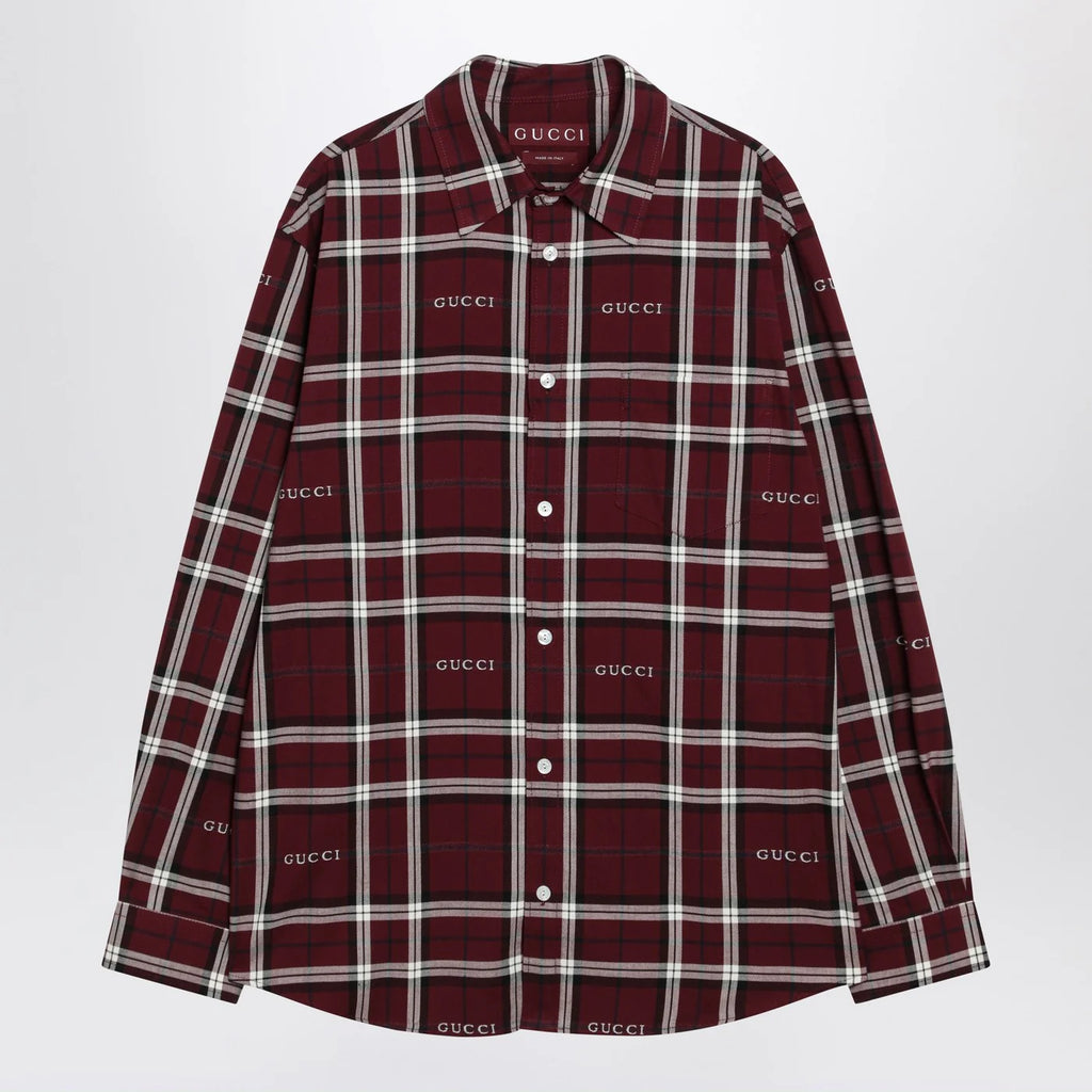 GUCCI Burgundy cotton jacquard tartan shirt