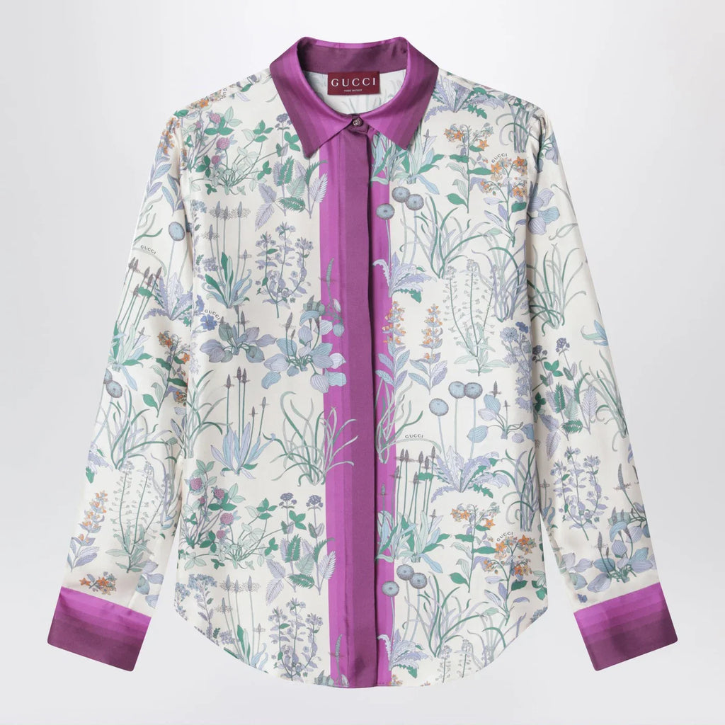 GUCCI Ivory silk twill shirt with floral print